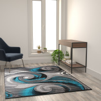 Flash Furniture ACD-RG410-57-TQ-GG Tellus Collection 5' x 7' Olefin Turquoise Ocean Waves Pattern Area Rug with Jute Backing for Entryway, Living Room, Bedroom